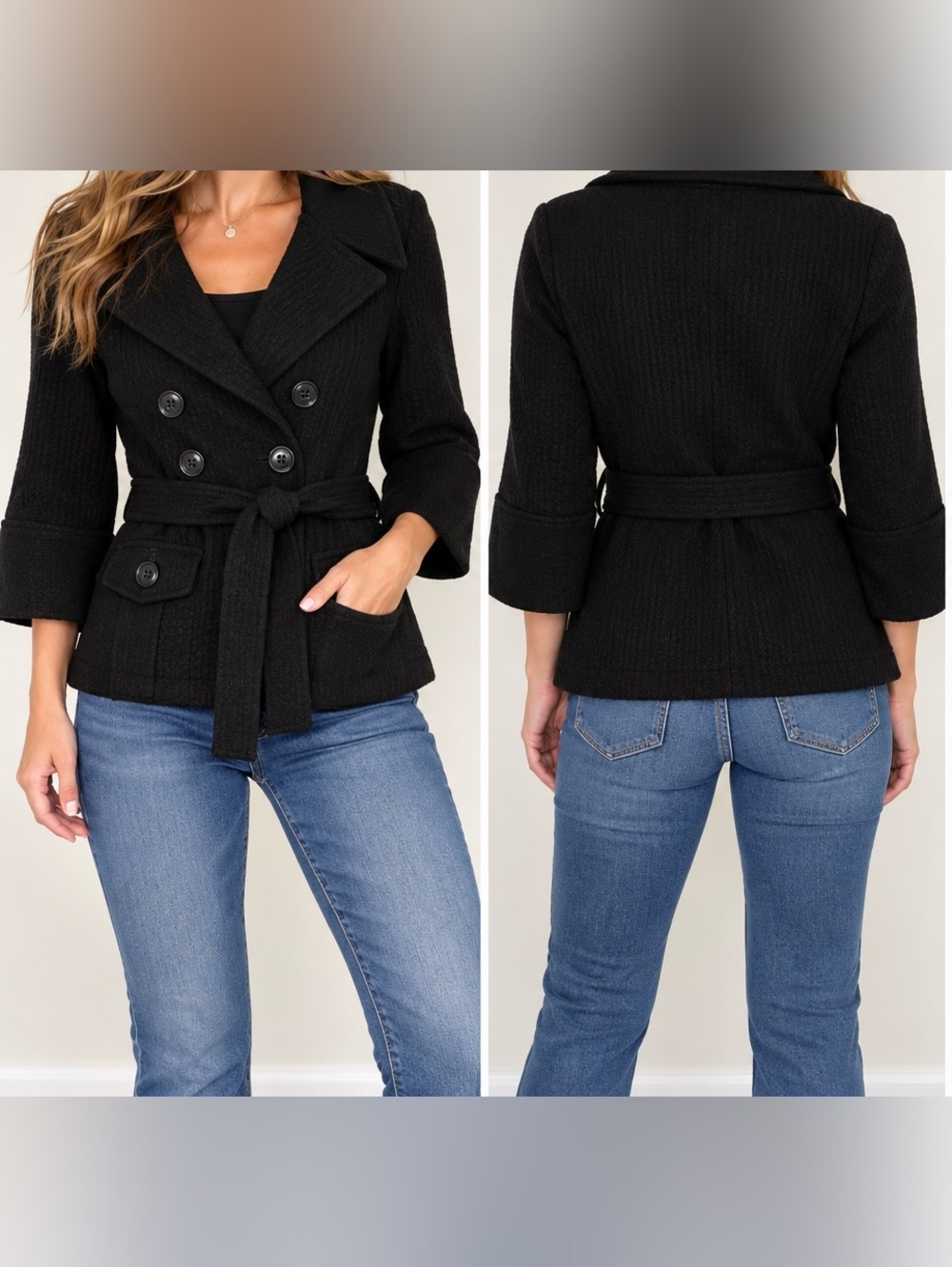 APT. 9 Black Belted Peacoat Jacket Size Small